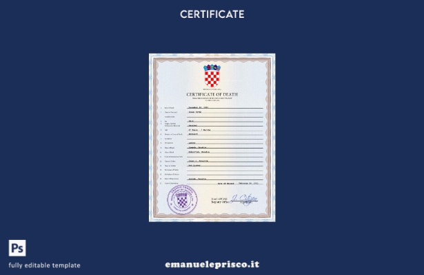 modello PSD del certificato di morte della Croazia in stile verificato